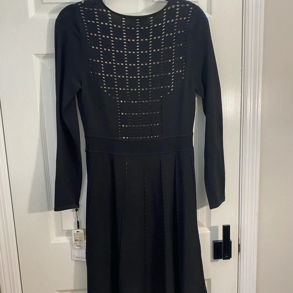 Calvin Klein Black Knit Cutout Midi Dress M Long Sleeve NWT Elegant - Picture 4 of 8